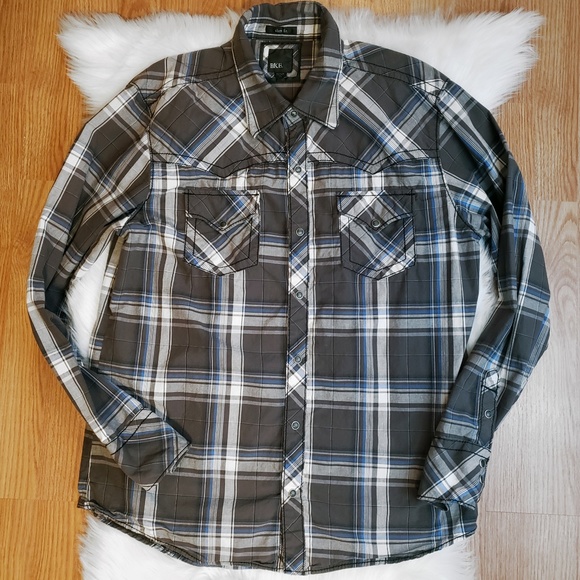 BKE Other - BKE Pearl Snap Western Blue Gray Plaid Shirt XL